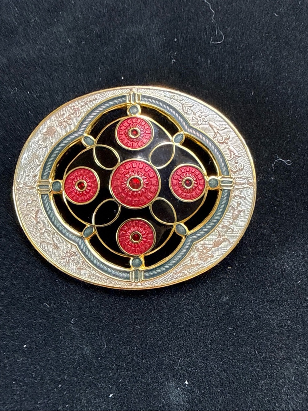 Vintage Crown & Fish Style Oval Enamel Brooch with Red Medallions